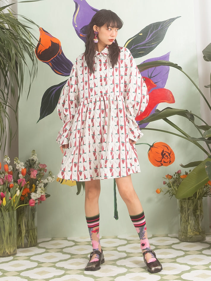 Strawberry Full Print High Waist Doll Collar Dress