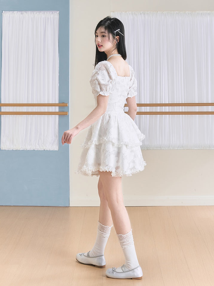 French Puff Sleeve Jacquard Fluffy Dress