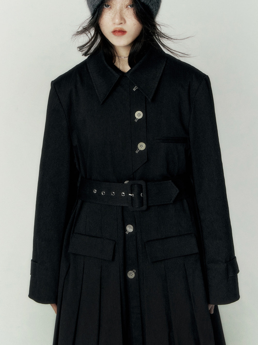 Pleats Wool Flare Long-coat