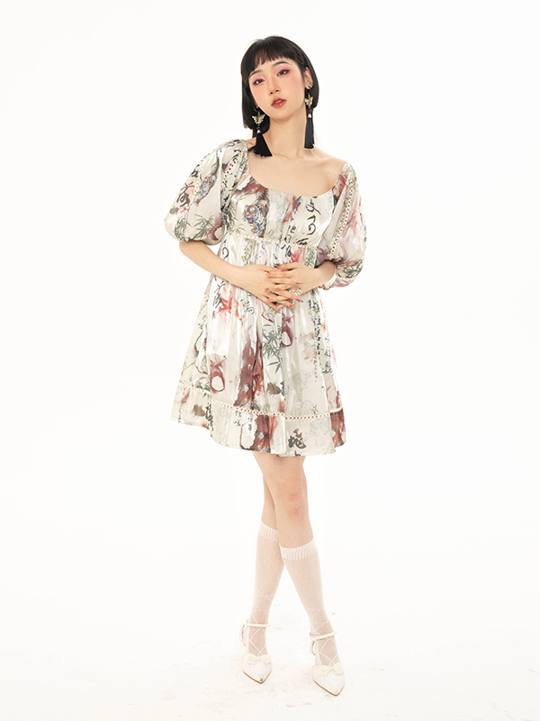 Chinese Style Print Puff Sleeve Dress