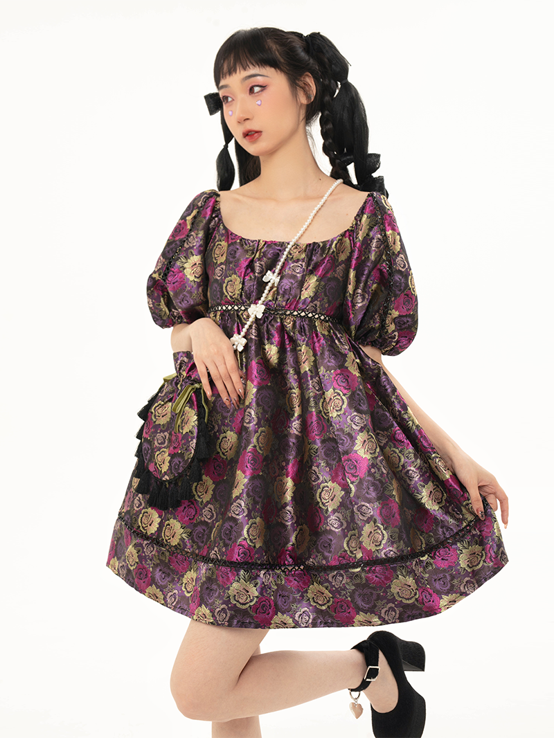 Rose Jacquard Puff Sleeve Dress