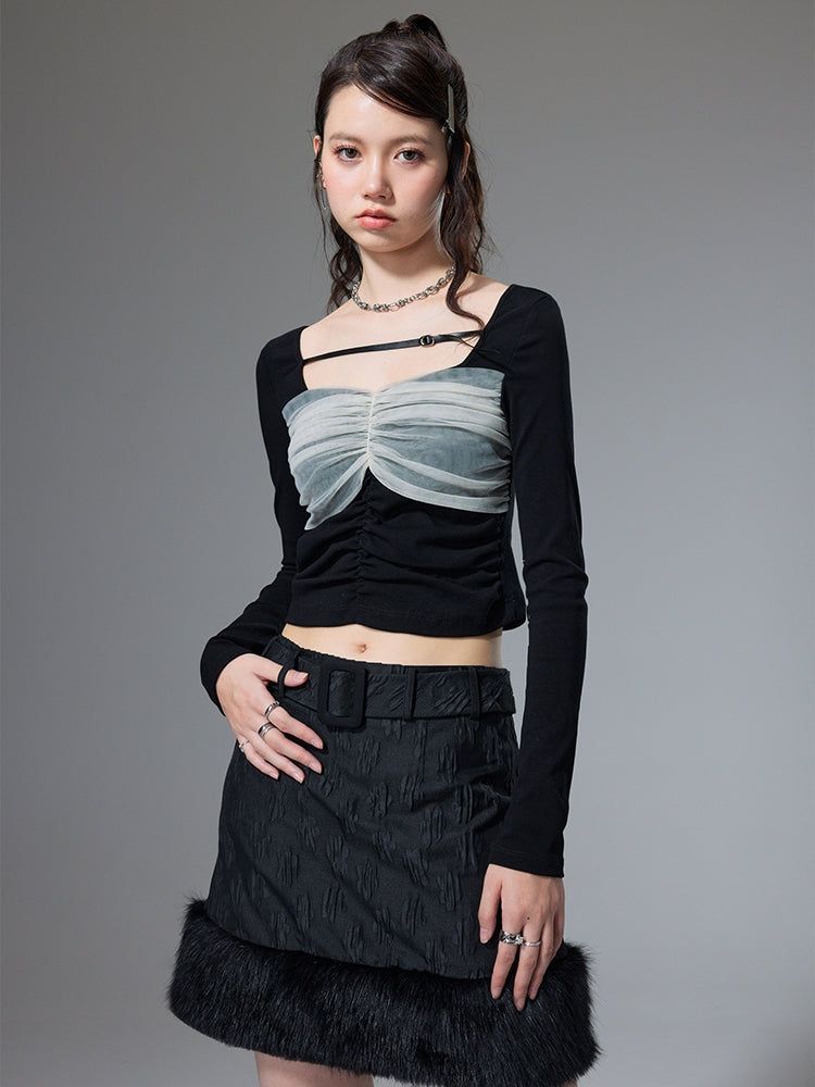 Mesh stitching Smocked Bottoming Shirt