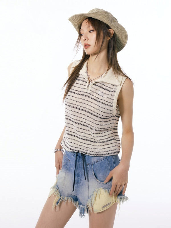 Border Stand Collar Sleeveless Top