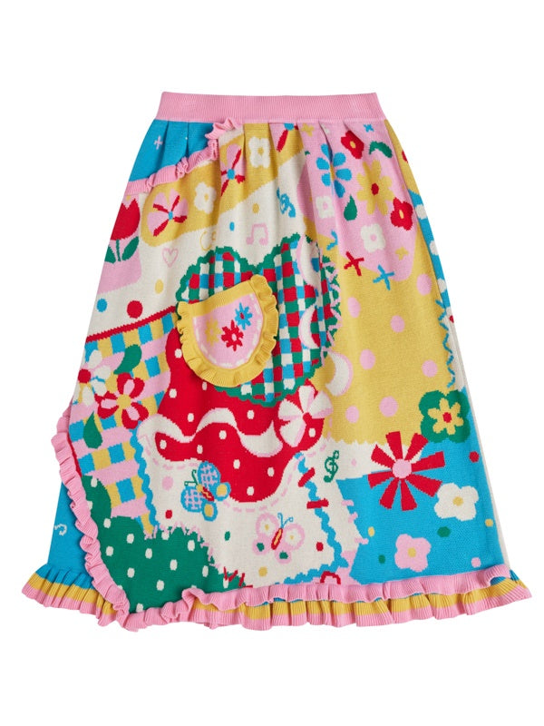 RETRO COLORFUL POCKET LACE KNITTED SKIRT