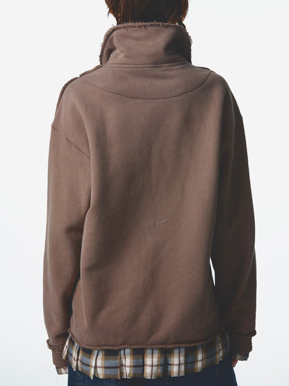 Stand Collar Plus Fleece -Stitching Printed Pullover