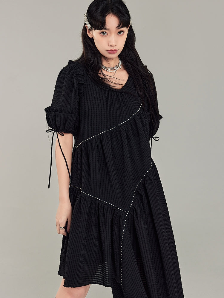 Puff Sleeve Irregular Black Dress