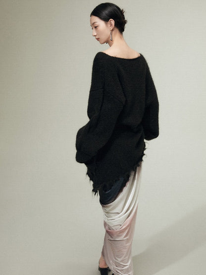 Irregular Raw Edge Hem Hole Sweater