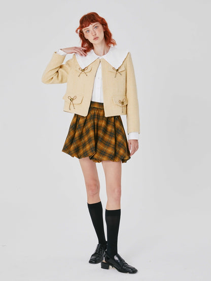 Sweet Cute Ribbon Unique No-collar Tweed Jacket