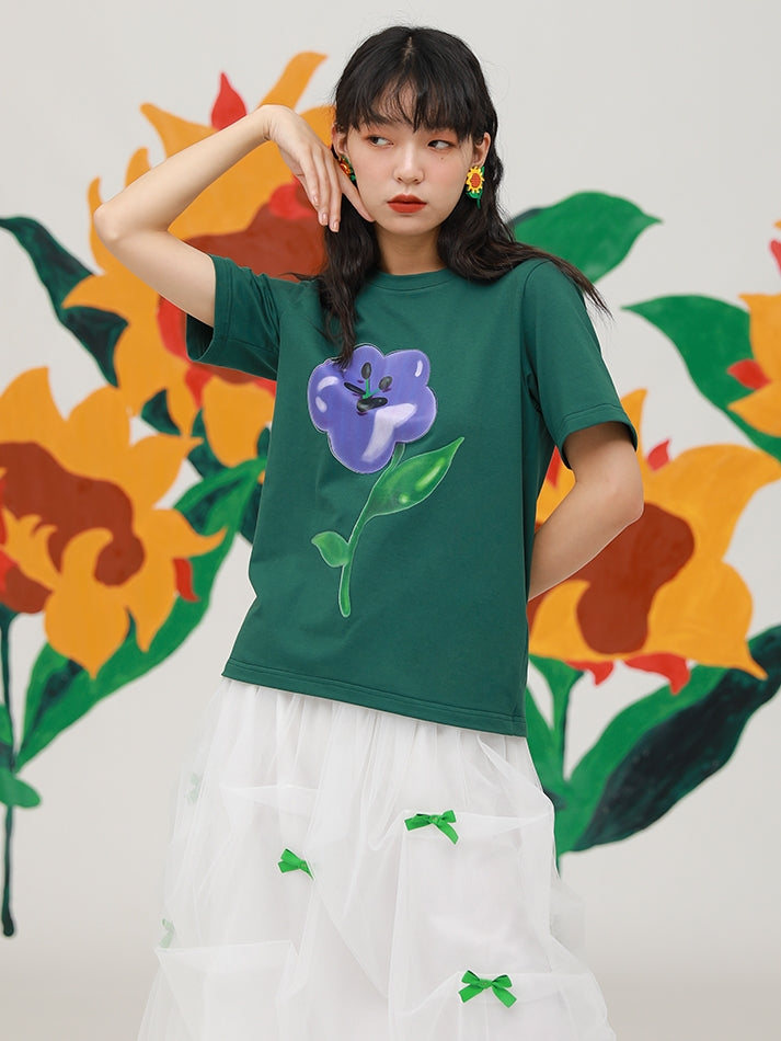 THREE-DIMENSIONAL FLOWER PRINTING T-SHIRT