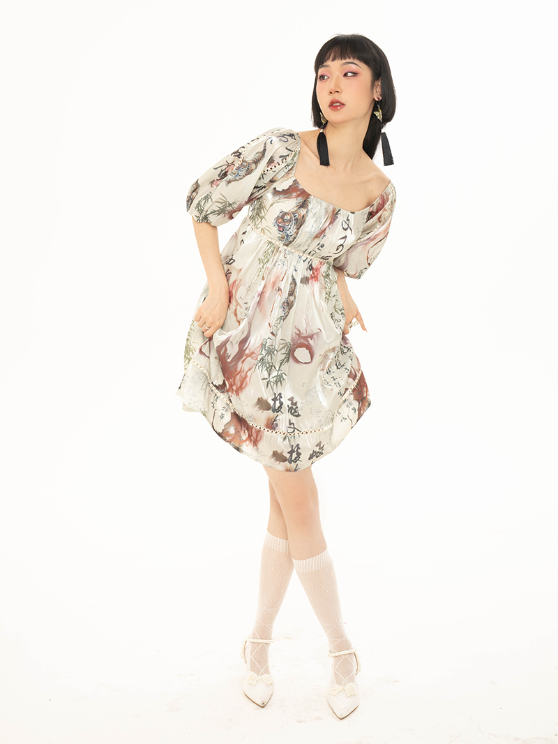 Chinese Style Print Puff Sleeve Dress