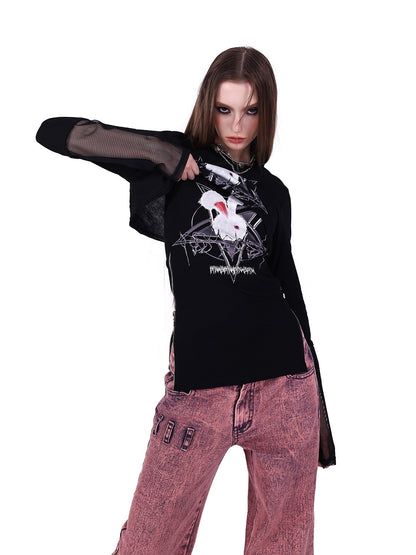 Rock Rabbit Stitching Mesh T-Shirt &amp; Camisole Set