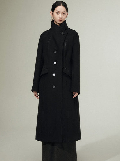 Patchwork Leather Wool Long Coat