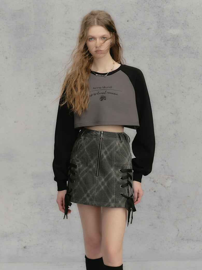 Letter Long-Sleeed Cropped Sweat &amp; Skirt