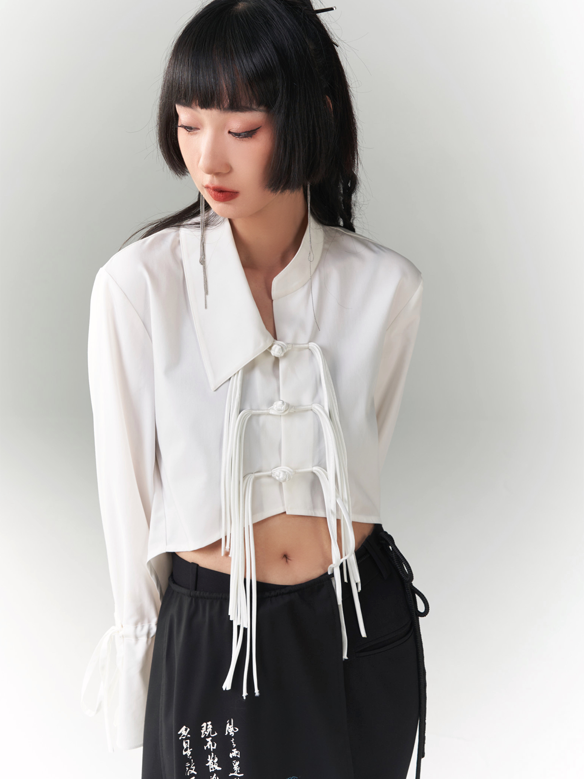 CHINESE STYLE asymmetric Fringed Button Shirt