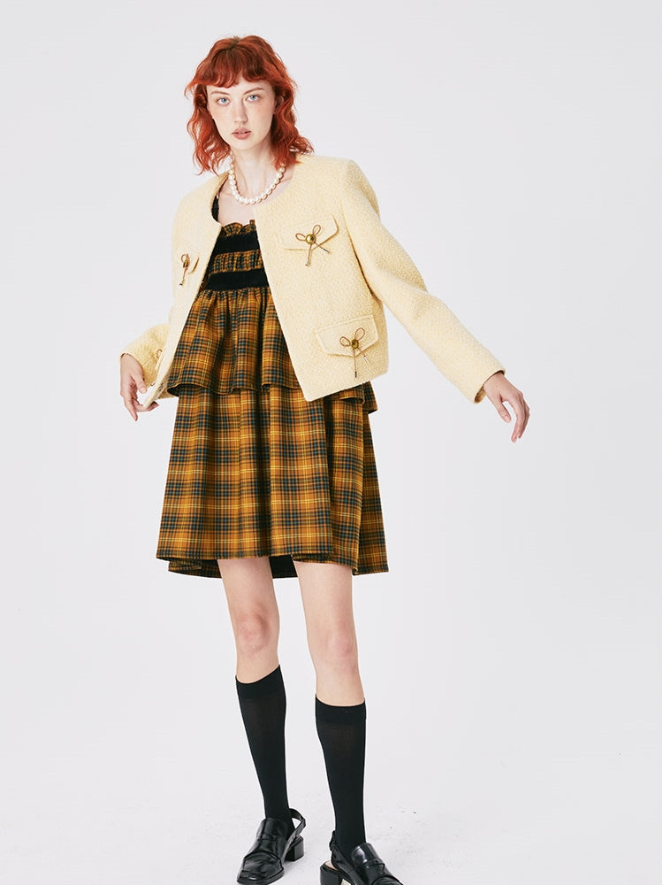 Sweet Cute Ribbon Unique No-collar Tweed Jacket