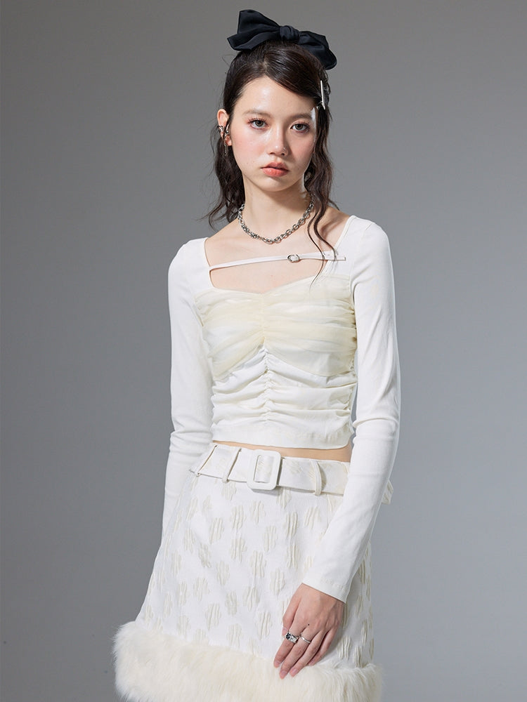 Mesh stitching Smocked Bottoming Shirt