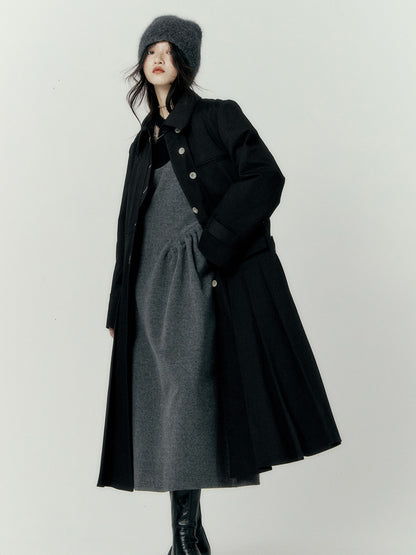 PLEATS WOOL FLARE LONG-COAT