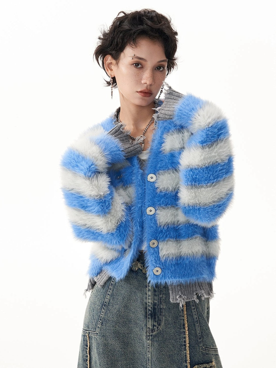 Stripe Imitation Mink V-Neck Cardigan