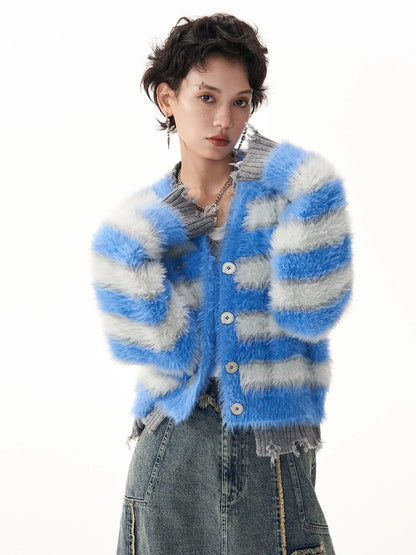 Stripe Imitation Mink V-neck Cardigan