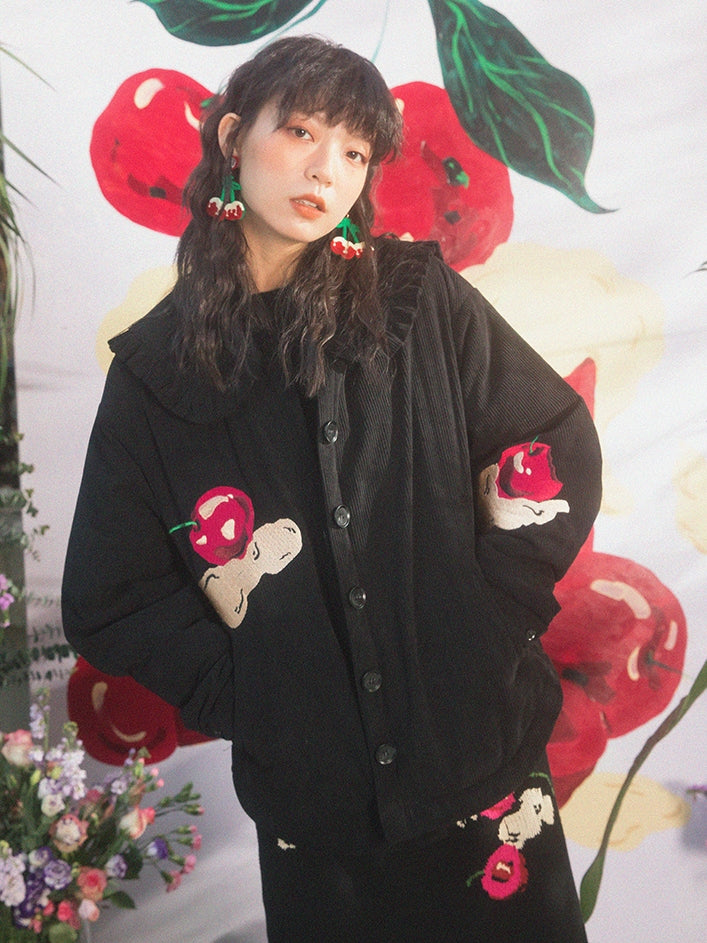 Cream Cherry Pattern Embroidery Navy Collar Jacket