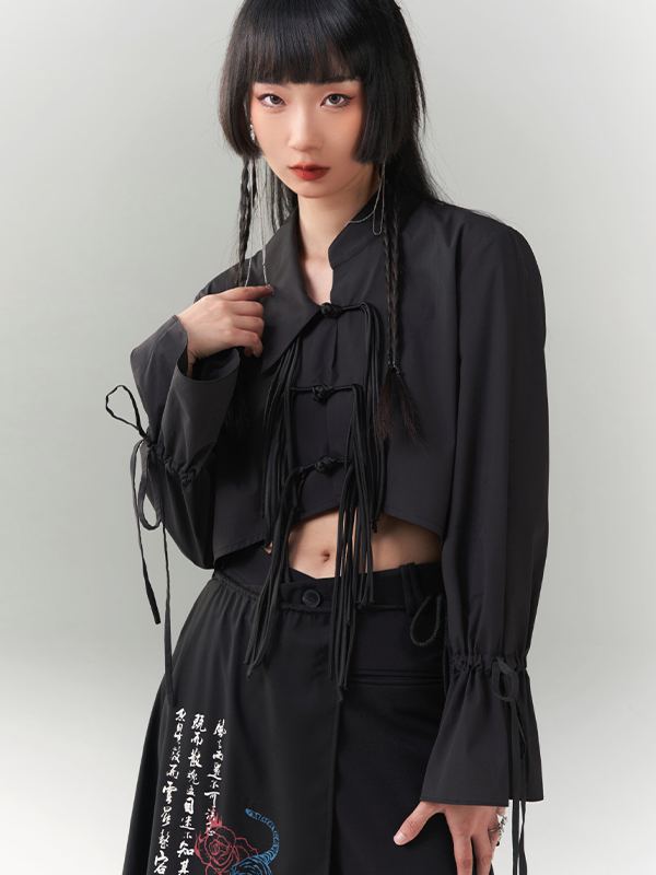 Chinese Style Asymmetric Fringed Button Shirt