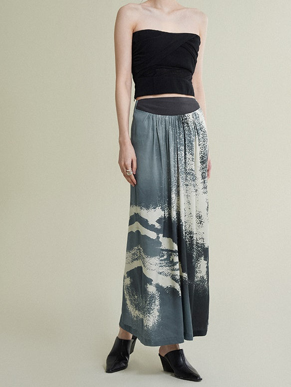 Waist Knitted Stitching Pleated Printed Skirt