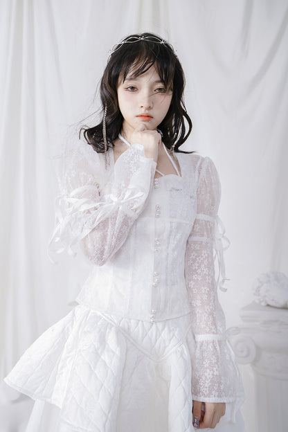 Fluffy Sheer Lace Ribbon Sweet Blouse