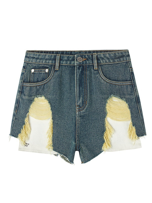 Large Pockets Washed Denim Shorts Hot Pants