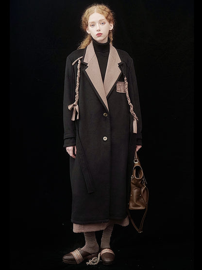 Contrasting Color Long Woolen Coat