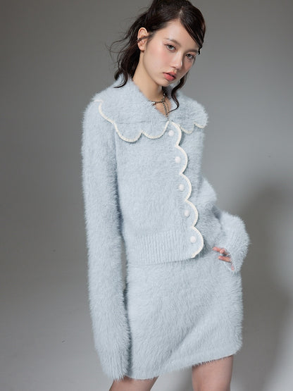 Cardigan et jupe en tricot en peluche