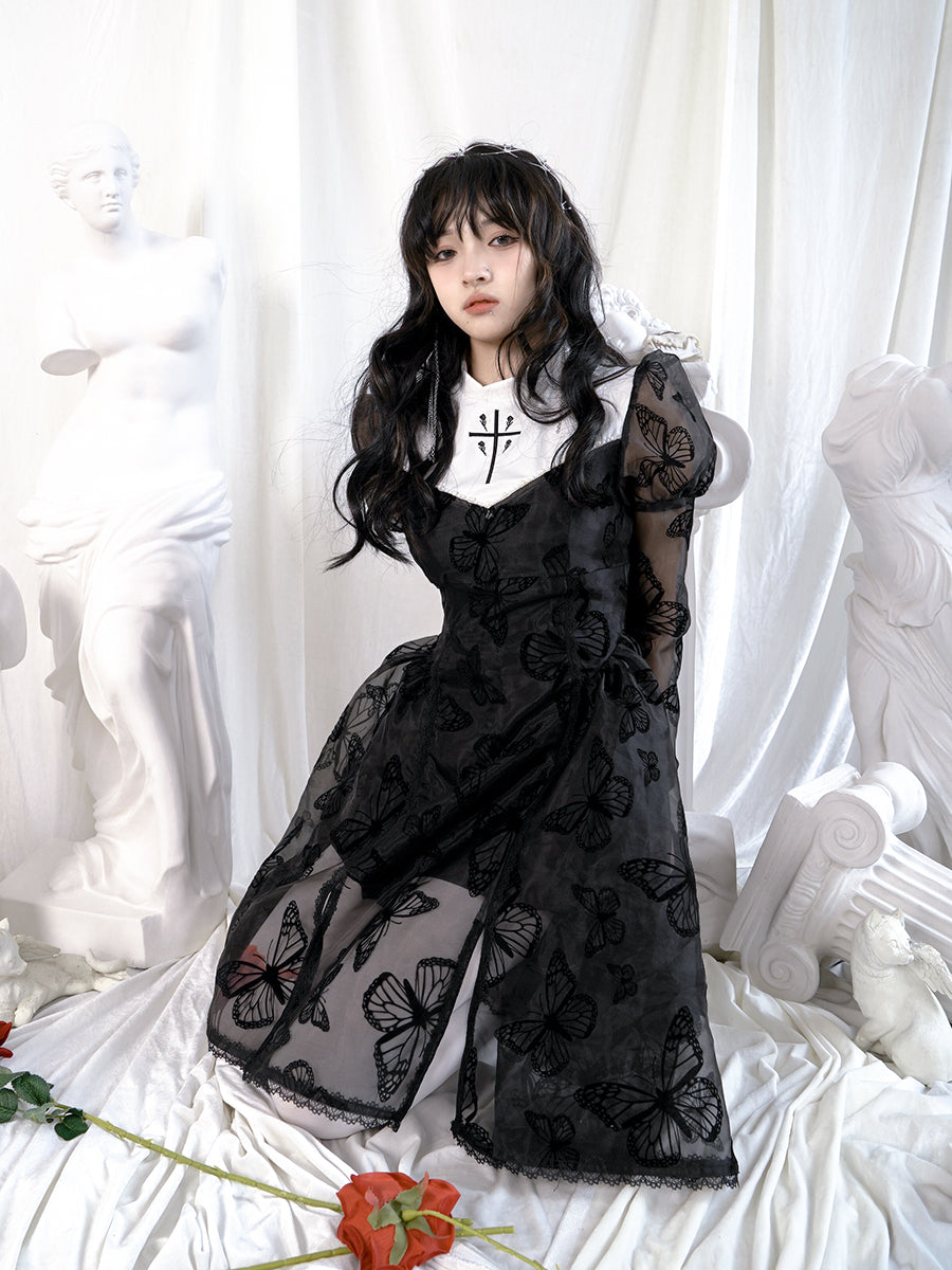 Butterfly Cross Gothic Lace Flare Sheer One-piece