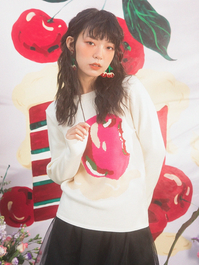 CREAM CHERRY PATTERN ROUND NECK SWEATER