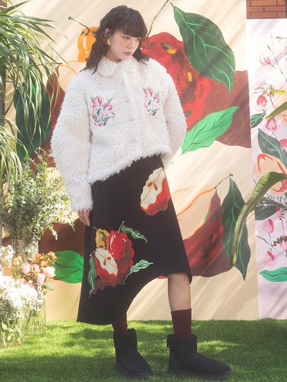 Tulip Pattern Embroidery Plush Short Coat