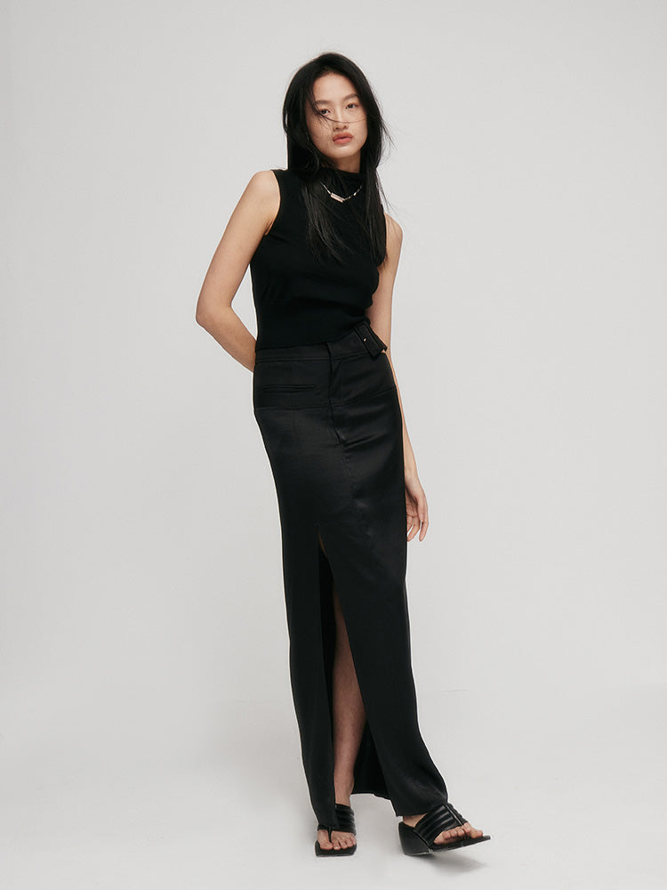 Satin Stitching Slit Skirt