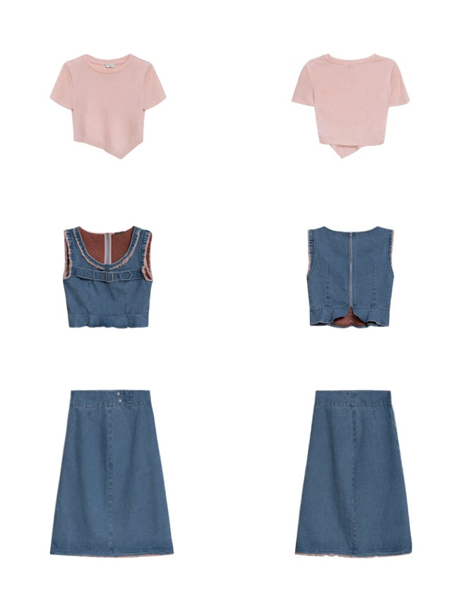 Denim Vest ＆ Skirt &amp; Bottoming T-shirt Set-up