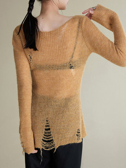 Irregular Hole Hem Beveled Sweater