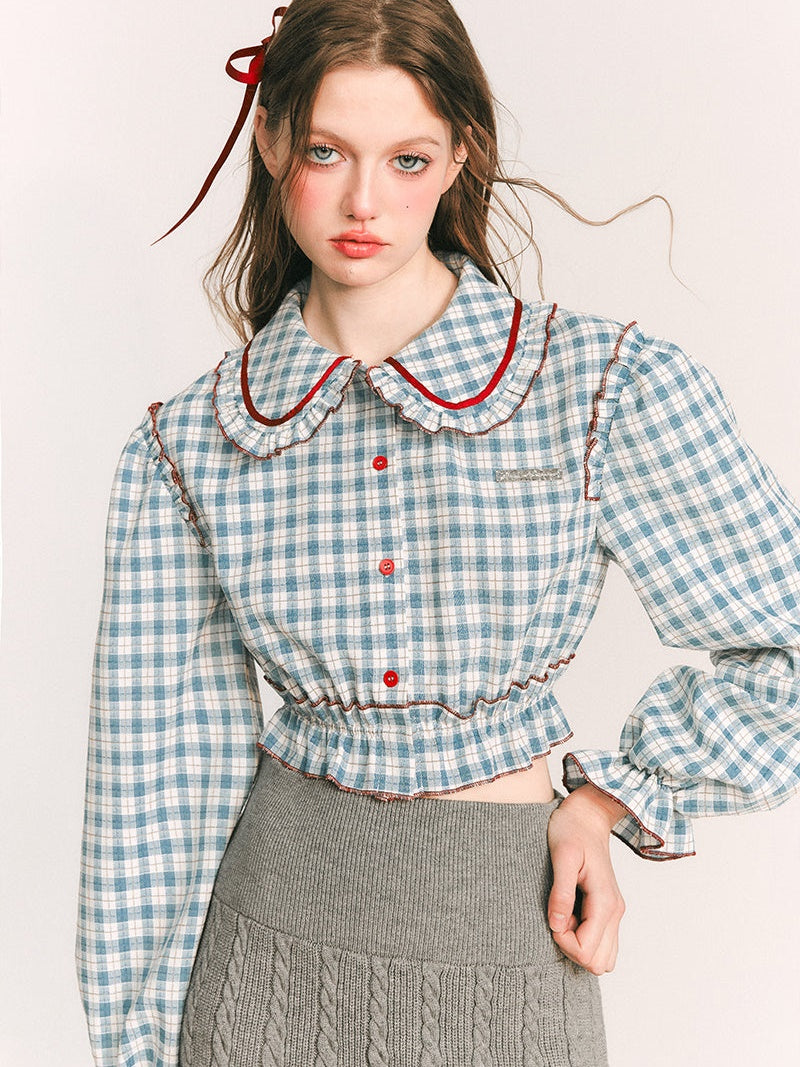 PLAID DOLL COLLAR PUFF SLEEVE SHIRT