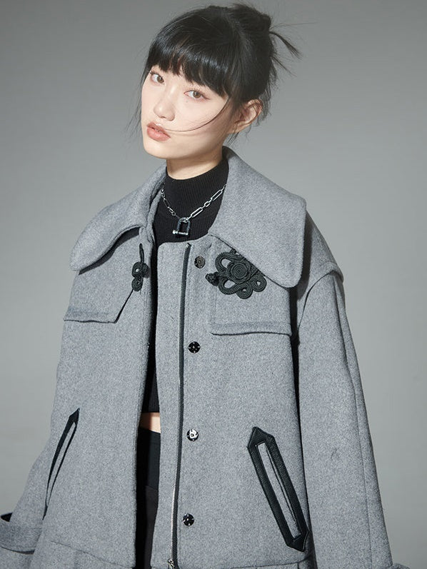 New CHINESE STYLE BUCKLE PLEATED WOOL COAT