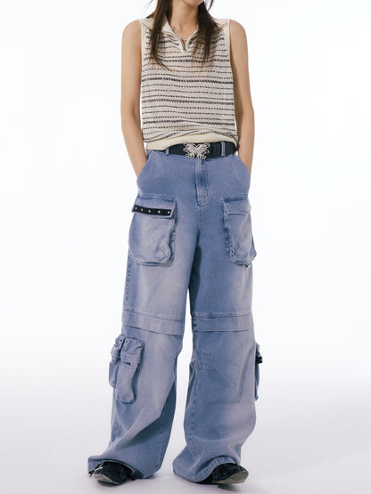 Multi-pocket Washed Straight Wide-leg Pants