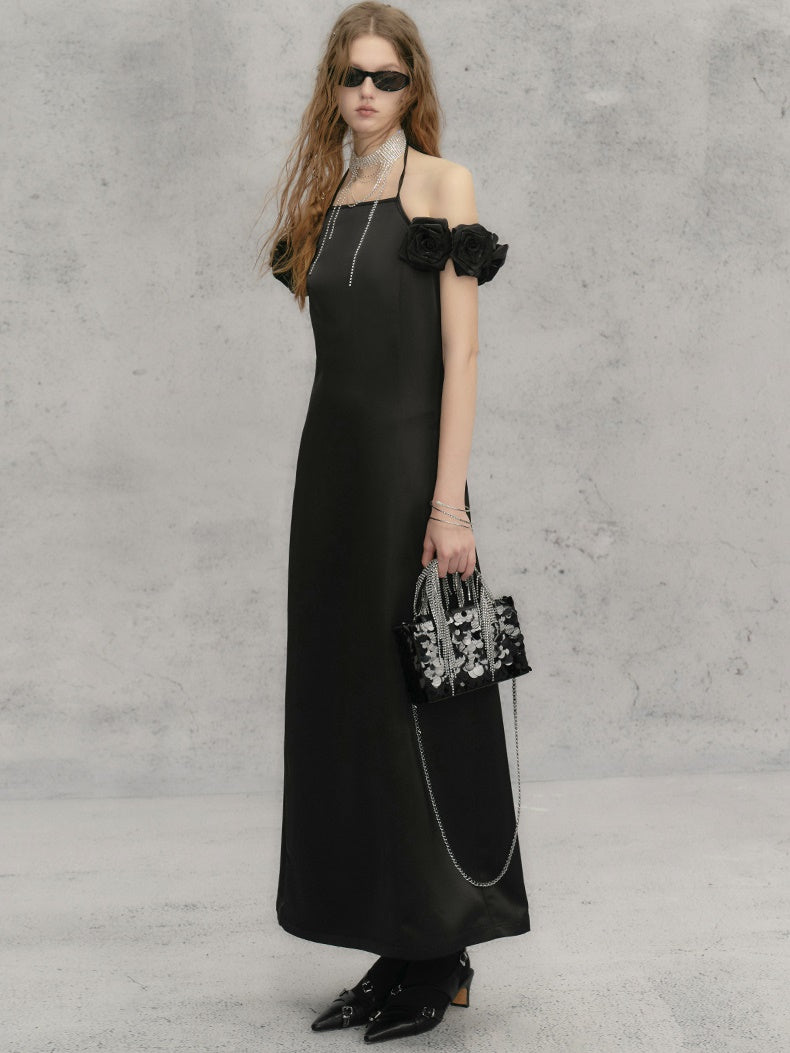 Hanging Neck Rose Long Dress