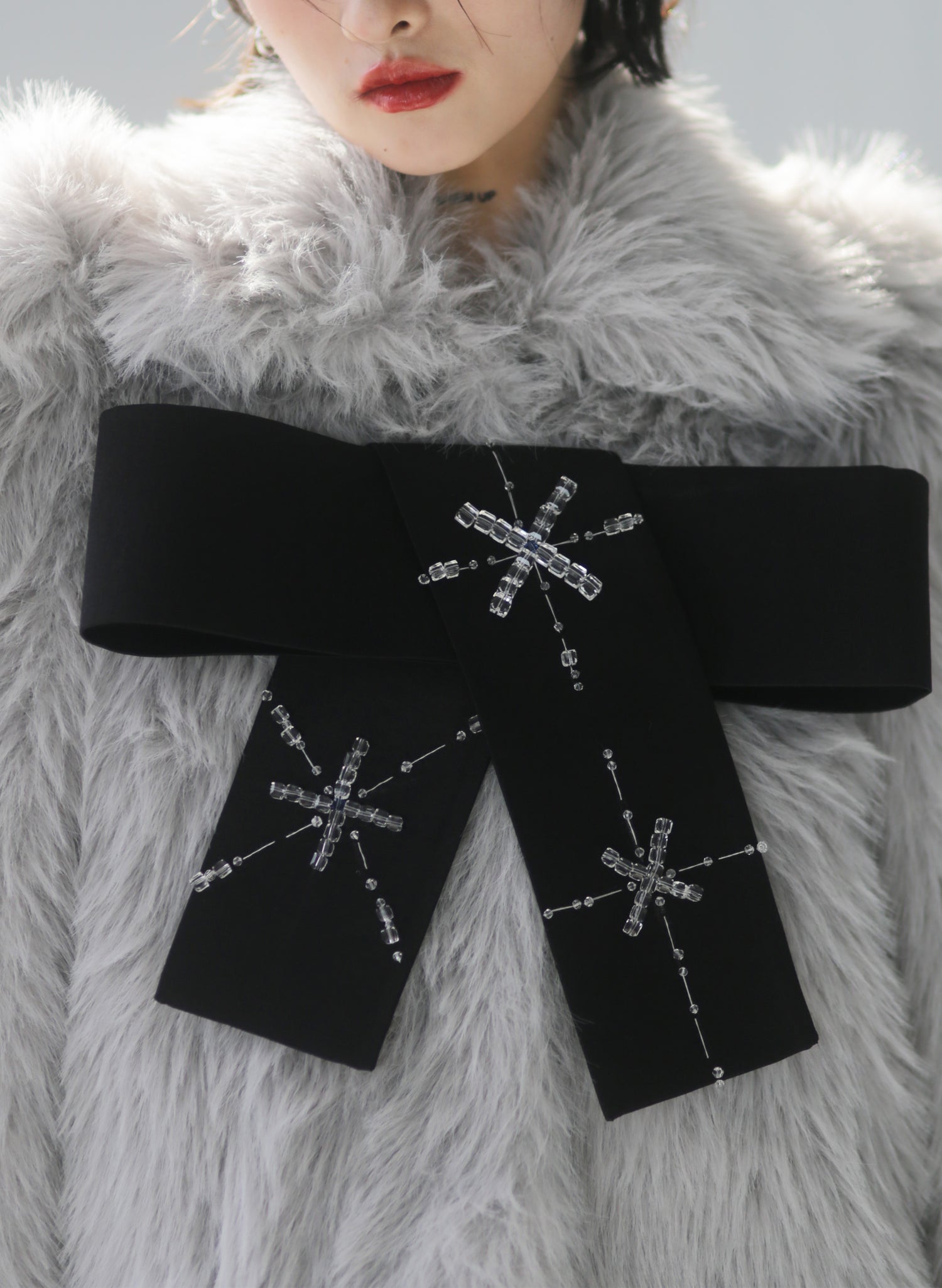 Hand-Beaded Bow Decoration Faux Fur Coat