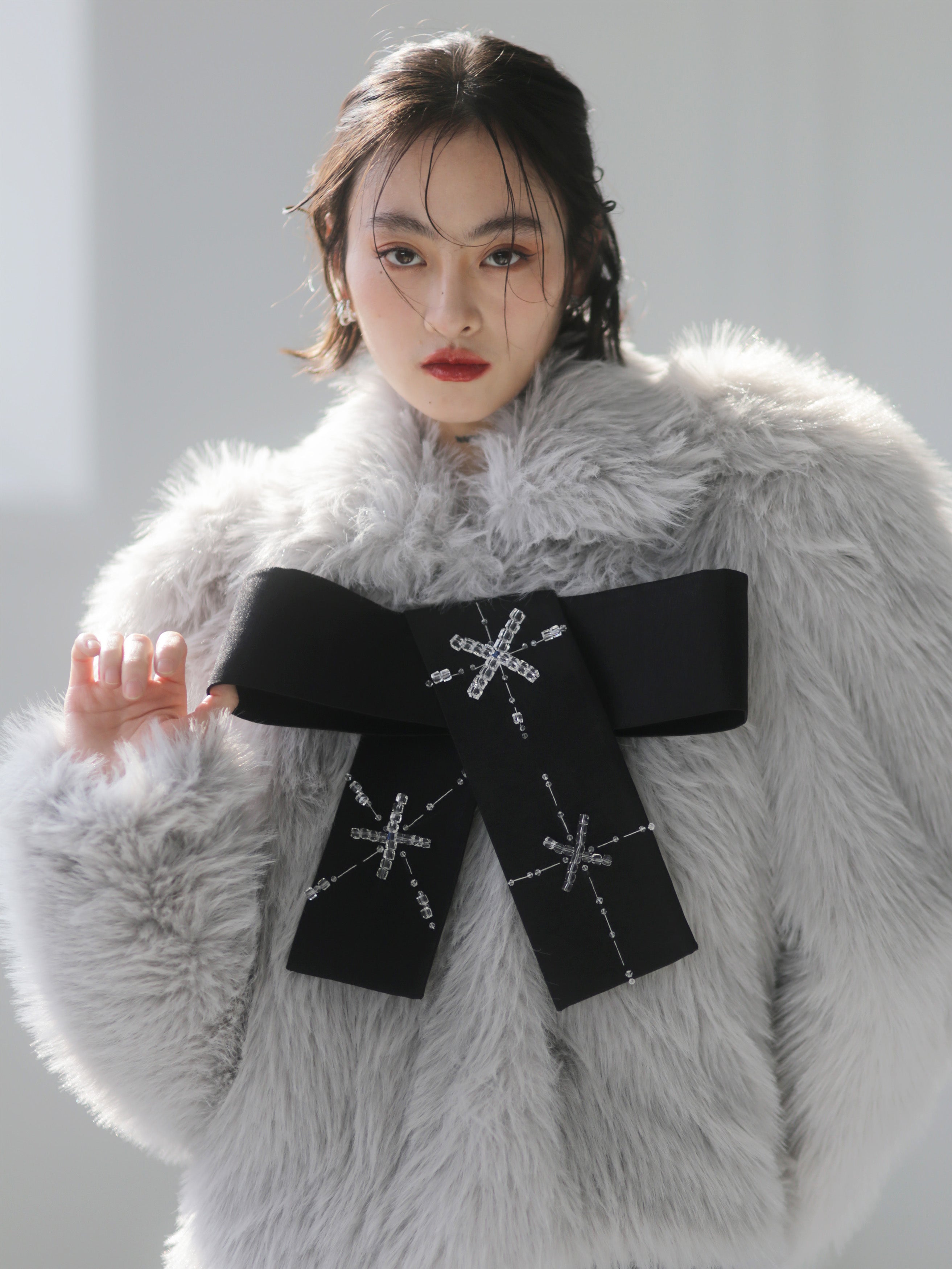 Hand-Beaded Bow Decoration Faux Fur Coat