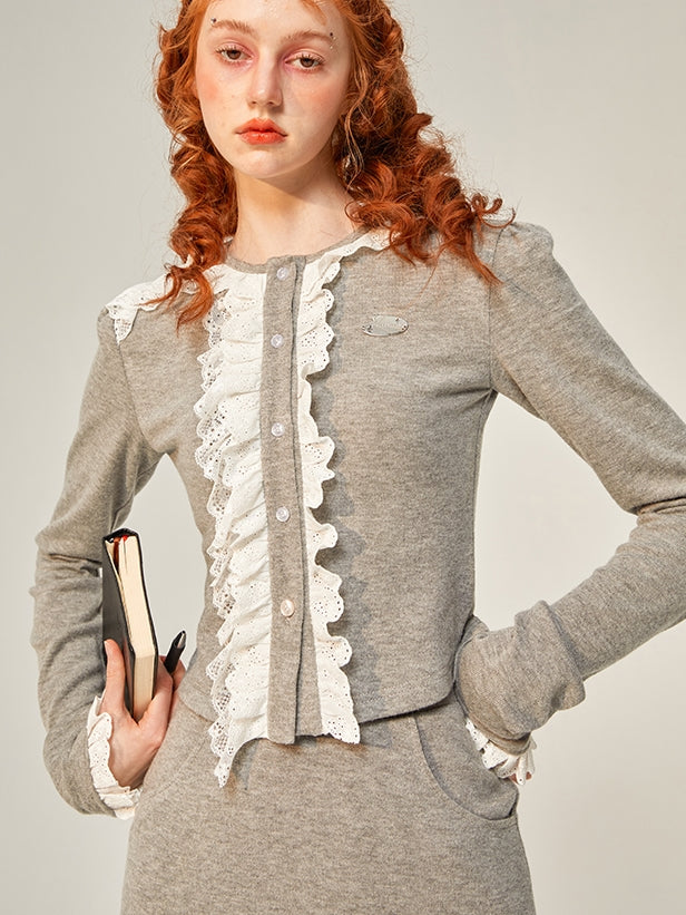 Frill Lace Classy Retro Mature Cardigan &amp; Skirt