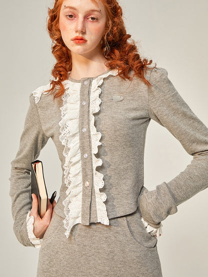 Frill Lace Classy Retro Mature Cardigan &amp; Skirt