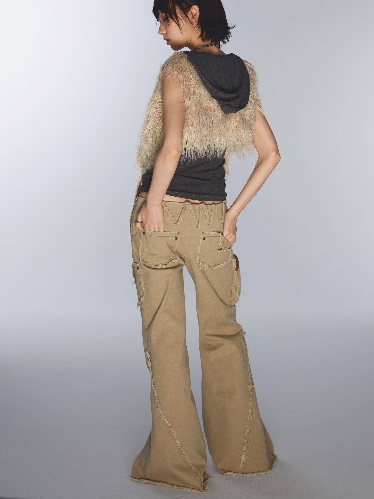 Ultra-low Waist Raw Edge Rivet Denim Flared Pants