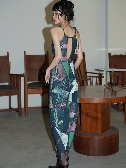 Vintage Print Slim Long Slit Dress