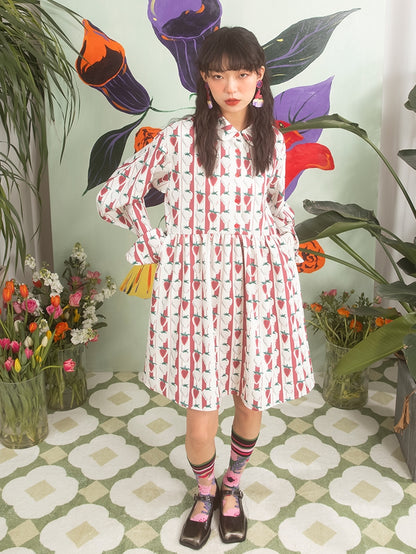 Strawberry Full Print High Waist Doll Collar Dress