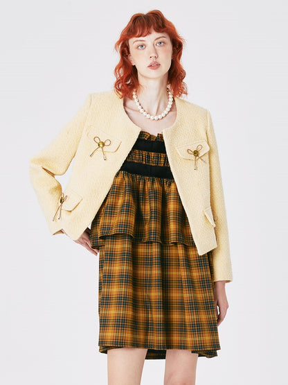 Sweet Cute Ribbon UNIQUE NO-COLLAR TWEED JACKET