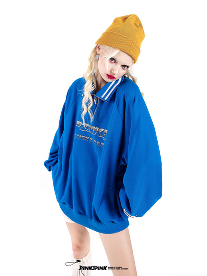 POLP-NECK COLLEGE-STYLE SWEAT PULLOVER