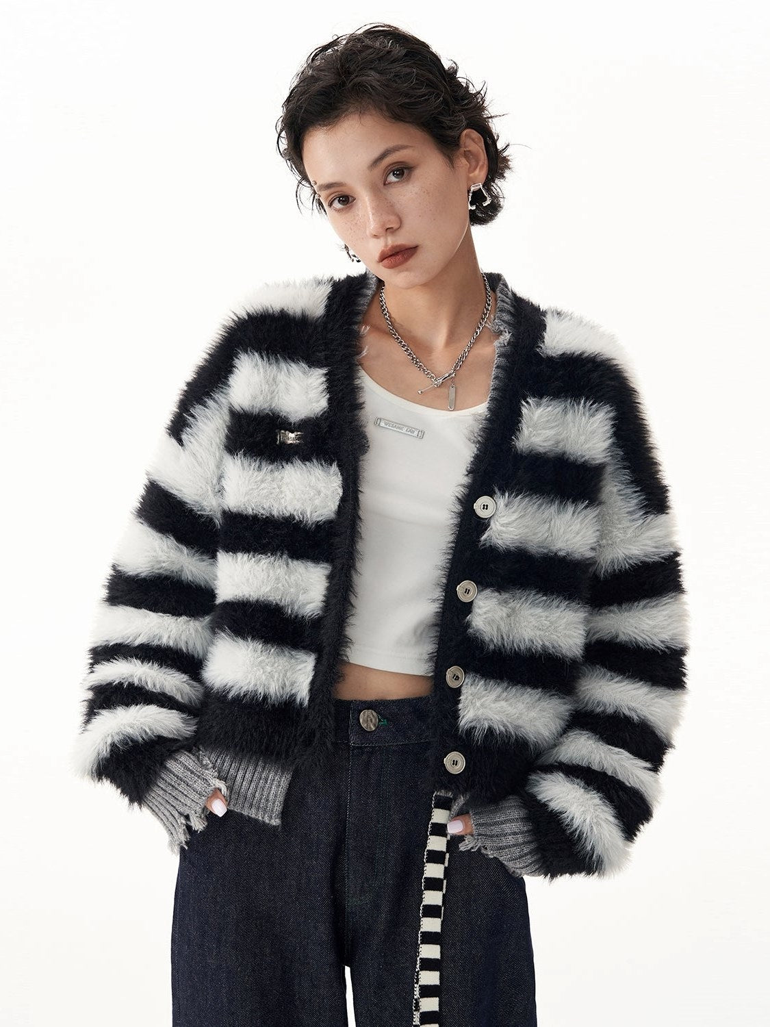 Stripe Imitation Mink V-neck Cardigan